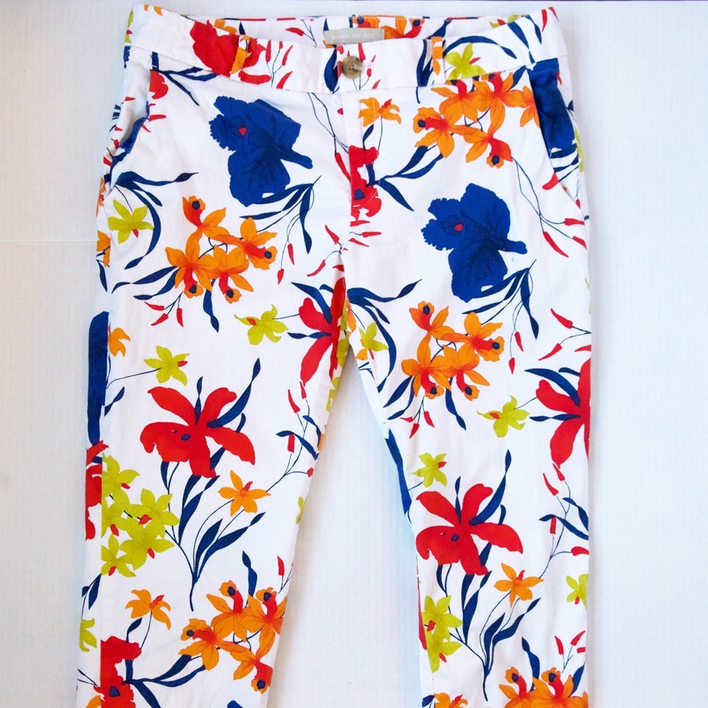 Banana Republic White and Colorful Floral Print Pants